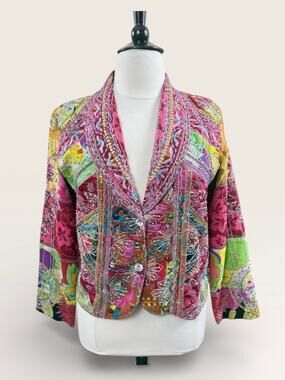 Vintage Sandy Starkman Pink Patchwork Jacket with Sequins and Bead Work, Size L